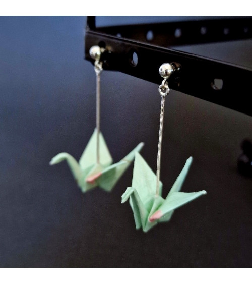 Mint and soft pink origami cranes Earrings. 925 silver with ball stud.