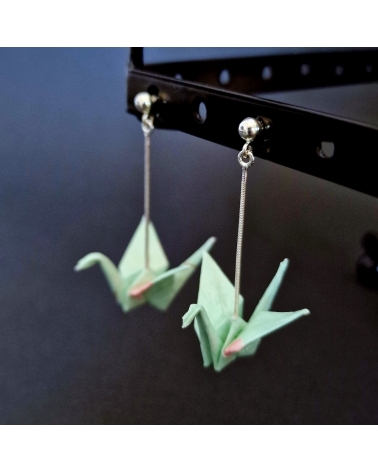 Mint and soft pink origami cranes Earrings. 925 silver with ball stud.