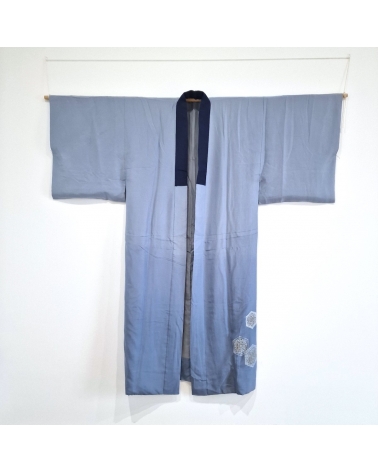 Japanese men's interior kimono (juban) in lavender blue silk with hand-painted landscape.