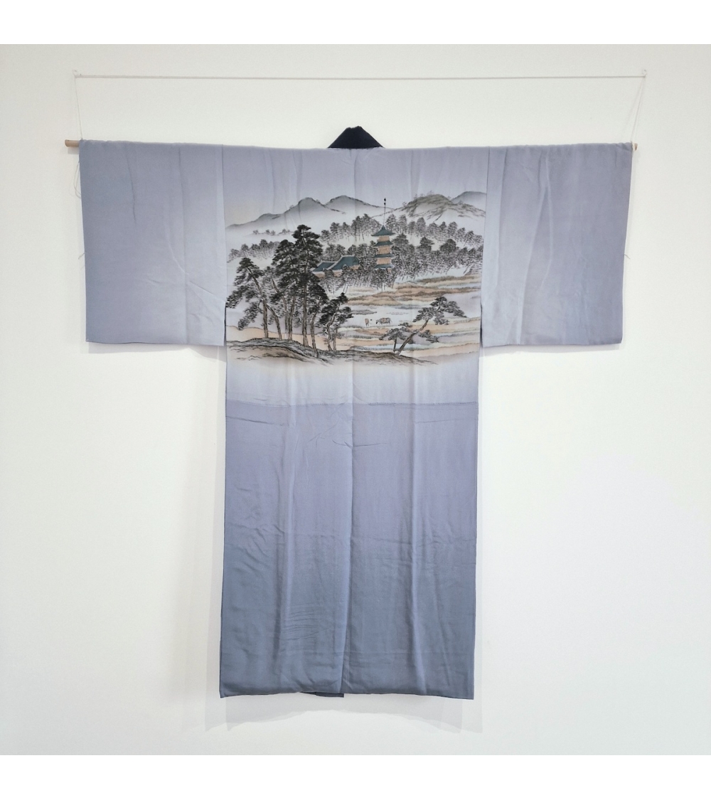 Kimono de interior (juban) para hombre de seda lavanda con paisaje