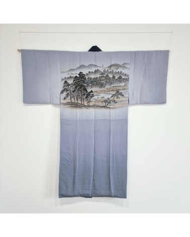 Japanese men's interior kimono (juban) in lavender blue silk with hand-painted landscape.