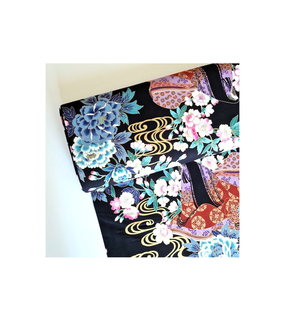 60CM UNIT. Japanese fabric "Heian Hime" with black background.