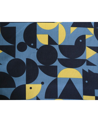 Tela japonesa. Geometría con animales ocultos en azul plomo y amarillo