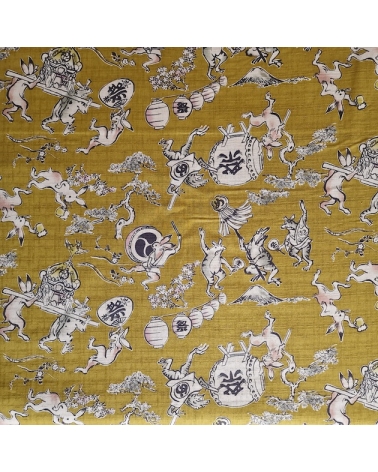 Japanese fabric "Choju-giga" mustard, in 100% cotton dobby.