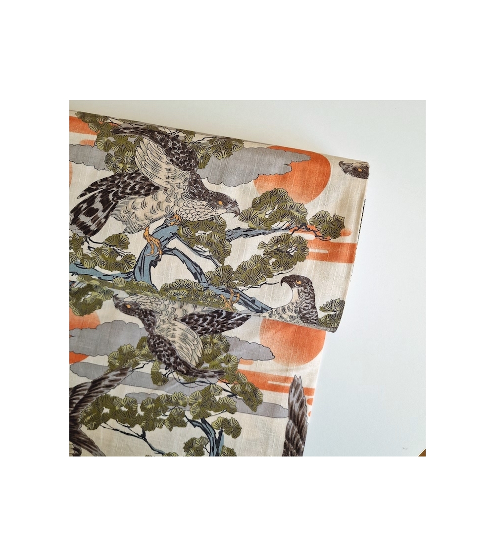 Japanese dobby fabric " Hawks " on ivory.