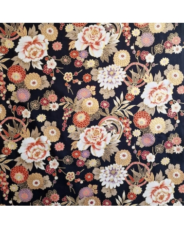 Japanese fabric 'Flowers and bamboo' in autumn colours on black.
