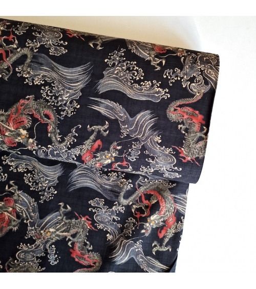 Japanese dobby fabric with small dragons and waves in black.