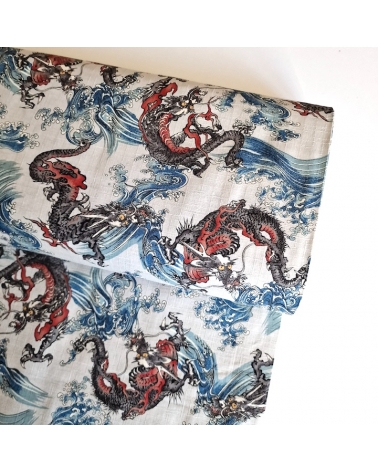 Japanese dobby fabric with small dragons and waves in bluish white.