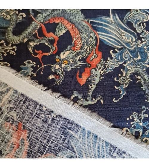 Japanese dobby fabric with small dragons and waves in blue.