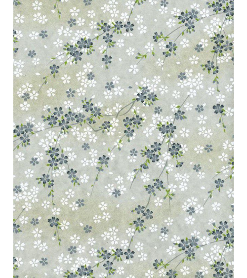 Papel Chiyogami pequeñas sakuras blancas y grises sobre fondo gris.