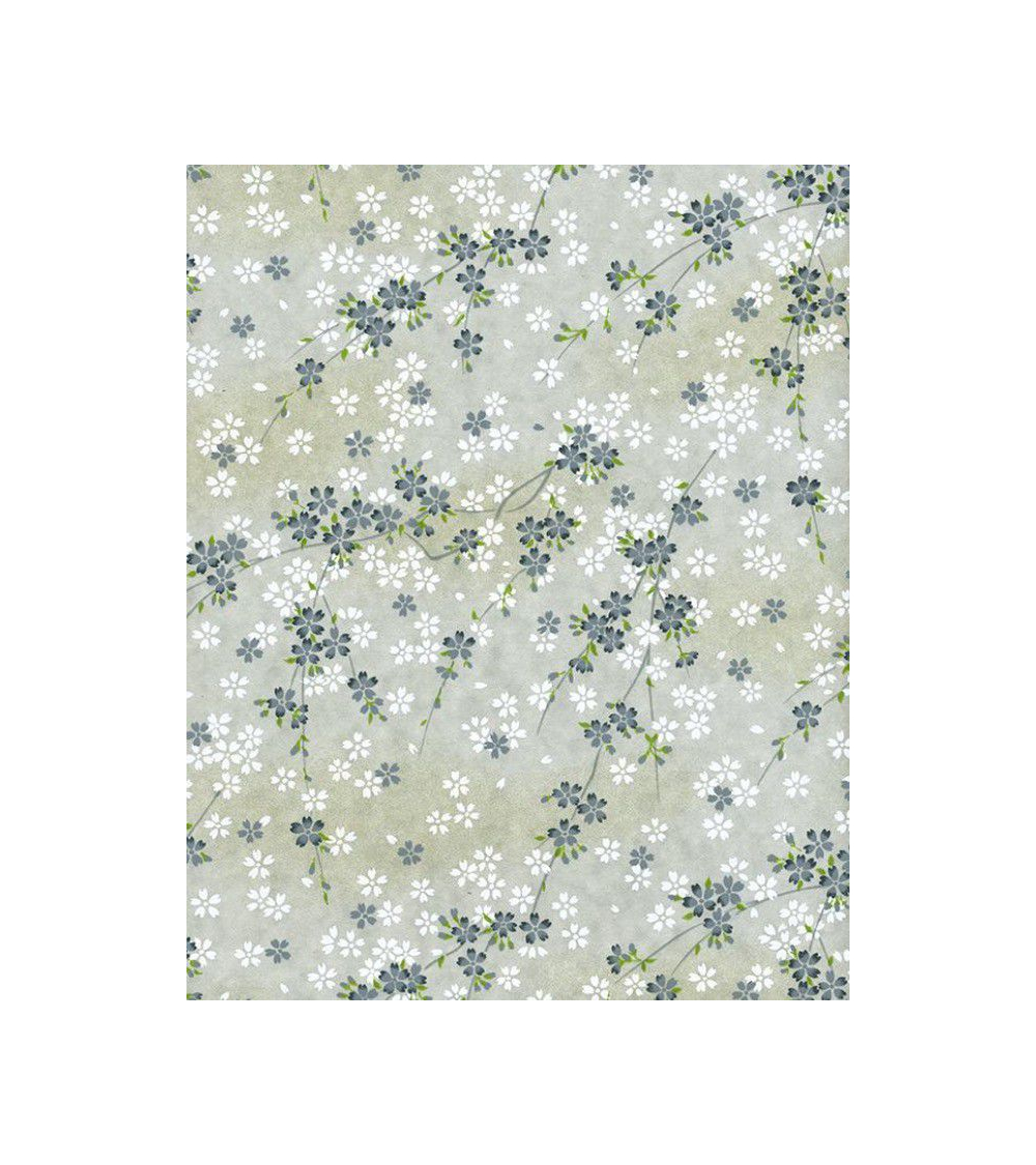 Papel Chiyogami pequeñas sakuras blancas y grises sobre fondo gris.