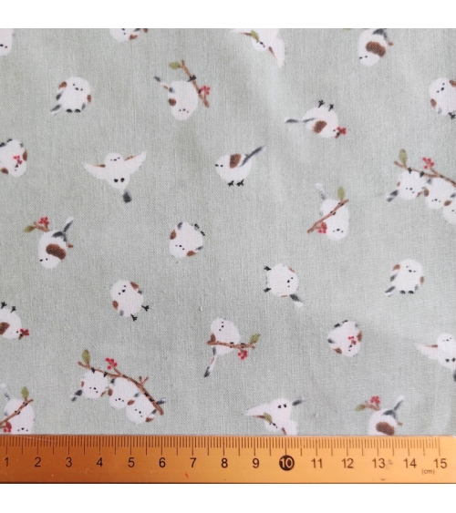 Japanese 'Little birds' cotton fabric in light mint green.