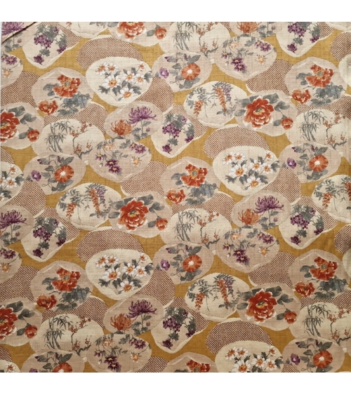 Japanese fabric "Kaiawase" with mustard background, in 100% cotton dobby.