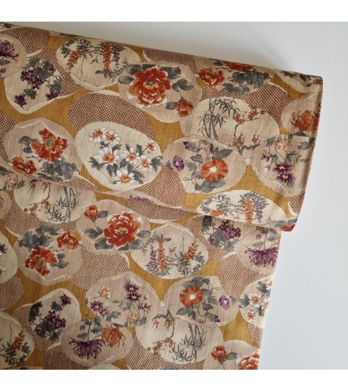 Japanese fabric "Kaiawase" with mustard background, in 100% cotton dobby.