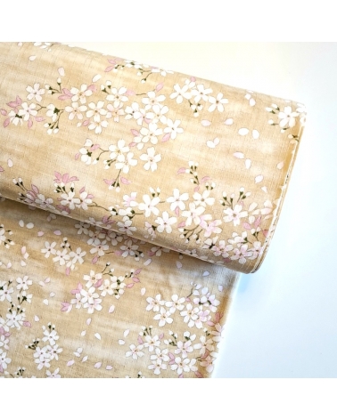 Japanese fabric "Sakuras" with beige background, in cotton dobby.