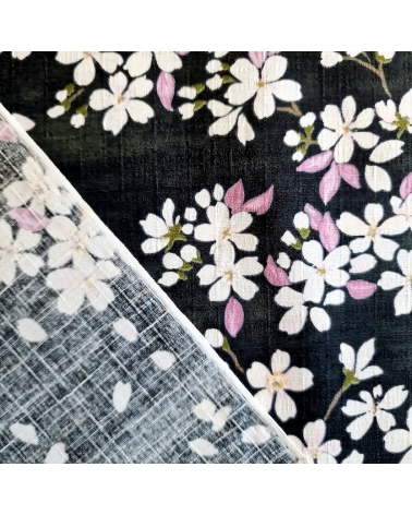 Japanese fabric "Sakuras" with black background, in cotton dobby.
