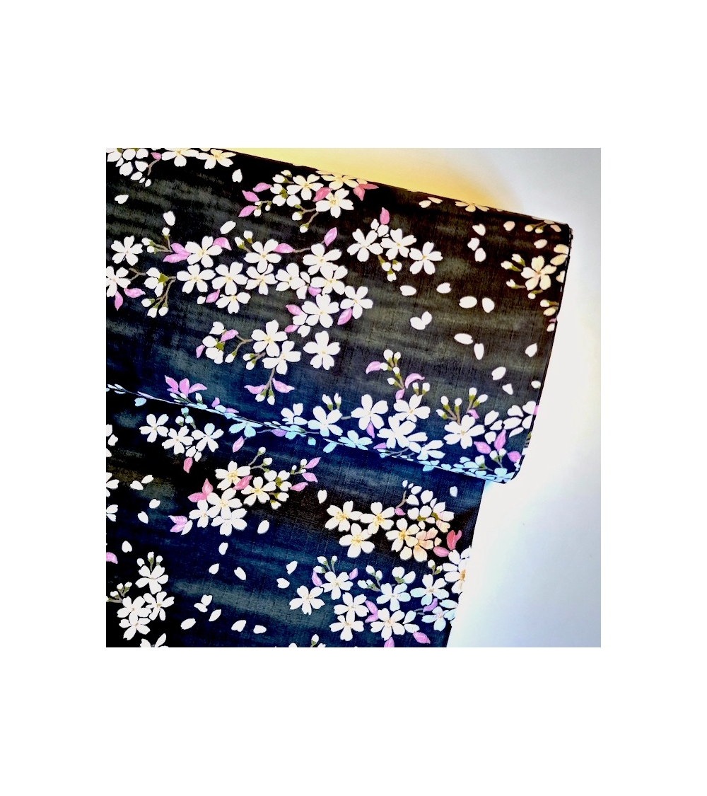 Japanese fabric "Sakuras" with black background, in cotton dobby.