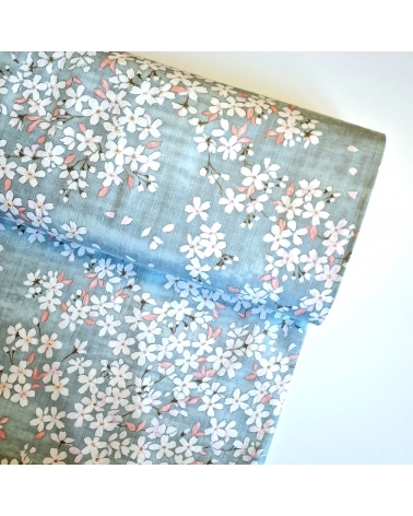 Japanese fabric "Sakuras" with aqua background, in cotton dobby.
