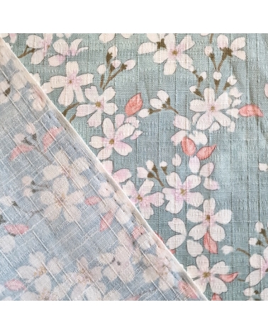 Japanese fabric "Sakuras" with aqua background, in cotton dobby.