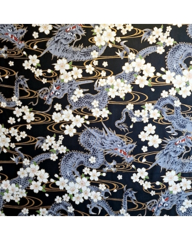 Tela japonesa "Ryu to sakura" (Dragón y flor de cerezo) en negro. Algodón 100%
