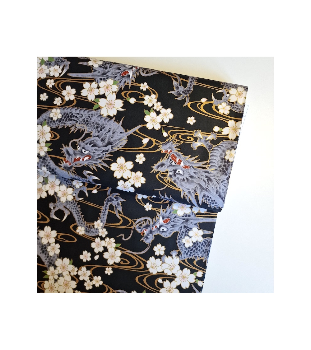 Japanese fabric "Ryu to sakura" (Dragon and cherry blossom) in black. 100% cotton.