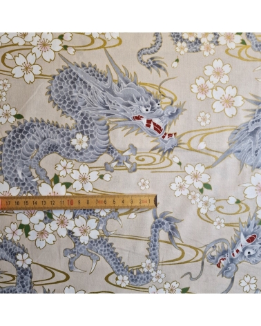 Japanese fabric "Ryu to sakura" (Dragon and cherry blossom) in ivory. 100% cotton.