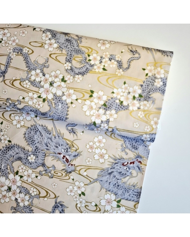 Japanese fabric "Ryu to sakura" (Dragon and cherry blossom) in ivory. 100% cotton.