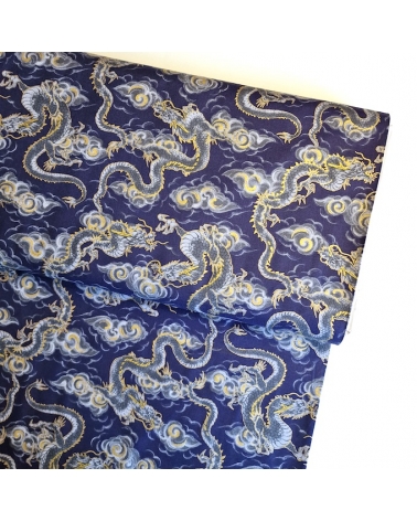 Japanese fabric 'Flying dragons' in blue. 100% cotton.