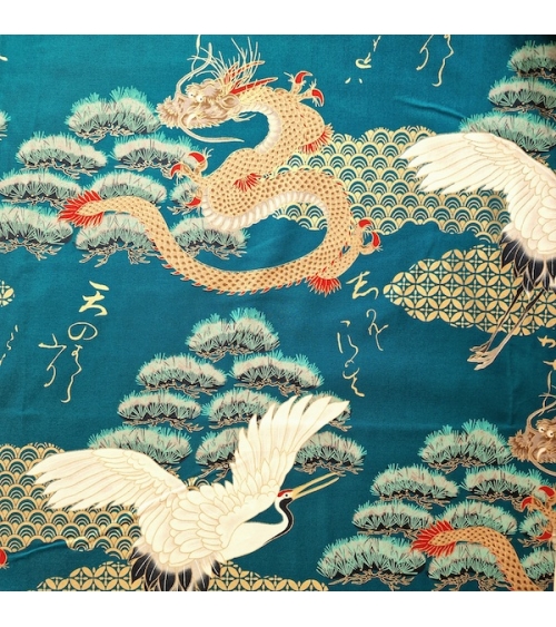 UNIT: 60 CM. Japanese fabric "Dragon and crane" in bluish green.