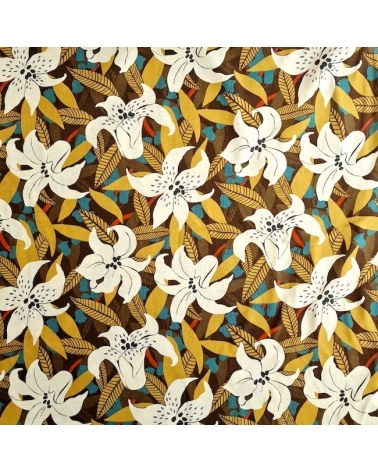 Japanese cotton-linen fabric with Lily flowers in tan colour