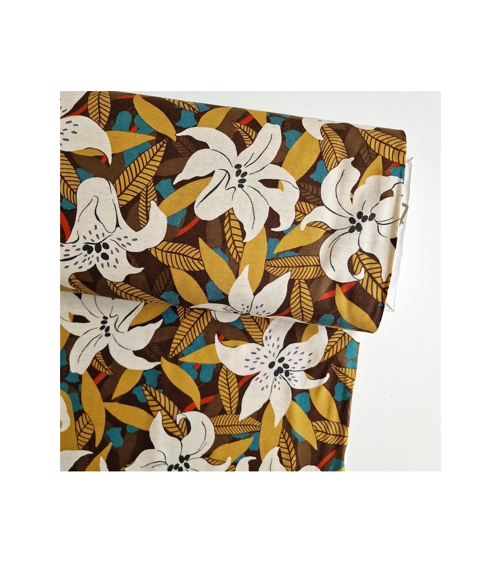 Japanese cotton-linen fabric with Lily flowers in tan colour