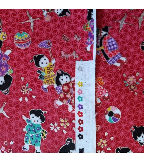 Japanese fabric Children at play in raspberry red and silver