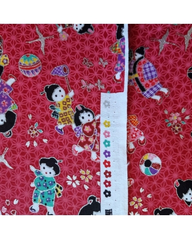 Japanese fabric Children at play in raspberry red and silver