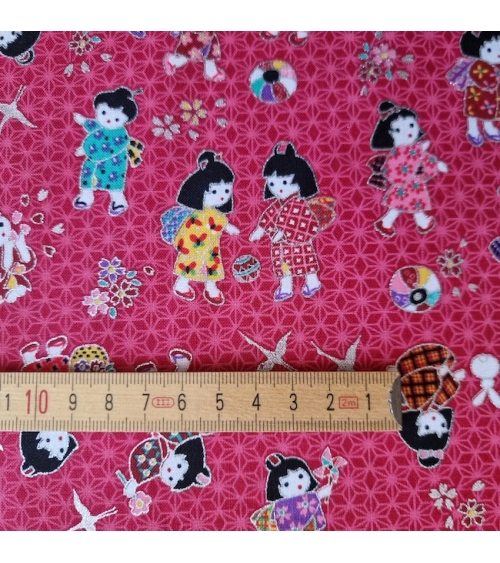 Japanese fabric Children at play in raspberry red and silver