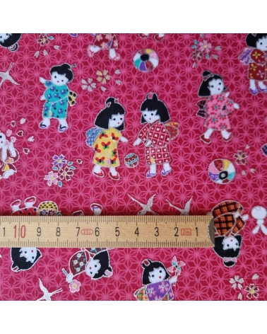 Japanese fabric Children at play in raspberry red and silver