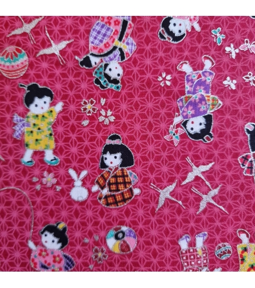 Japanese fabric Children at play in raspberry red and silver