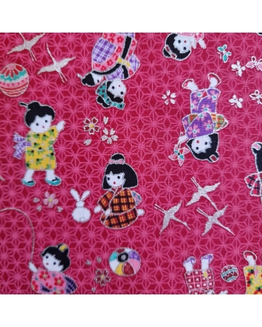 Japanese fabric Children at play in raspberry red and silver