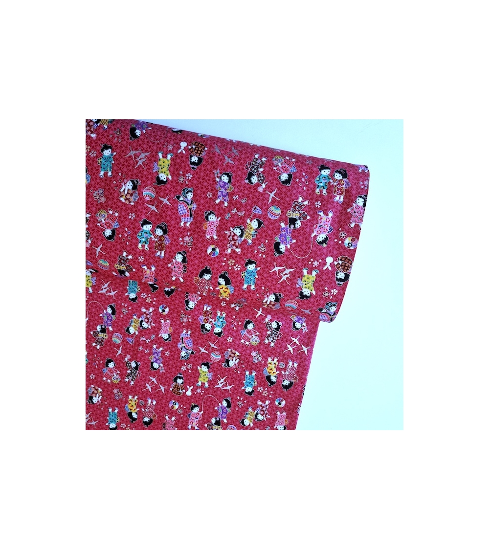 Japanese fabric Children at play in raspberry red and silver