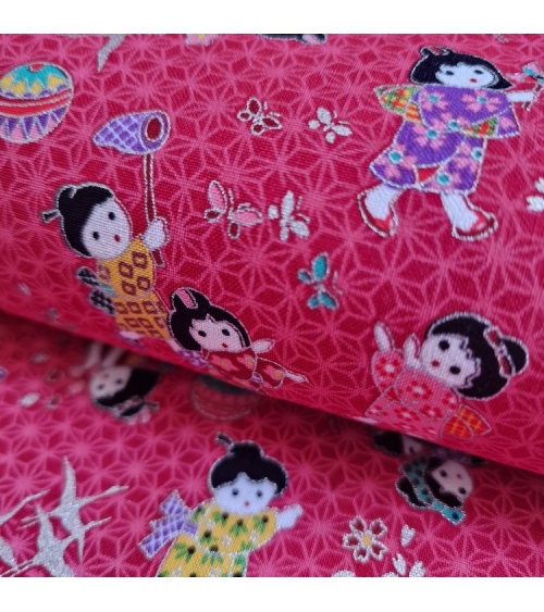 Japanese fabric Children at play in raspberry red and silver