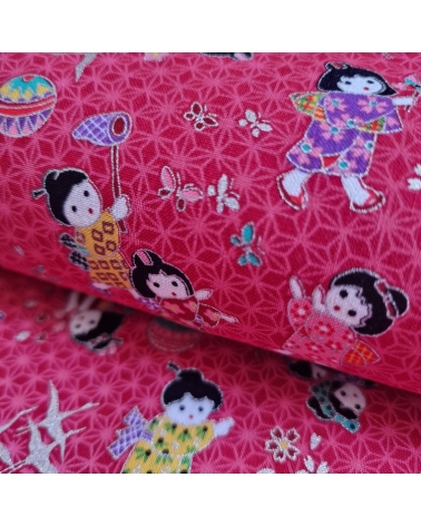 Japanese fabric Children at play in raspberry red and silver