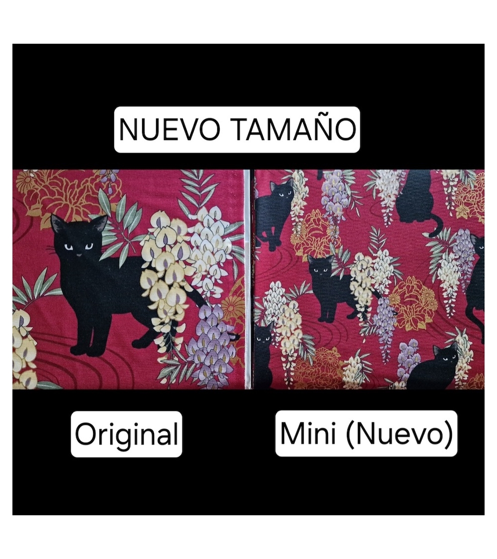 Tela japonesa. Gato negro con glicinias MINI en Rojo.