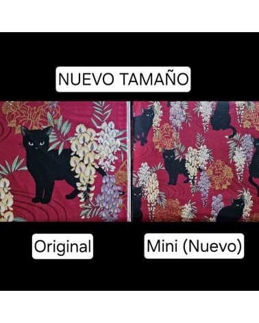Tela japonesa. Gato negro con glicinias MINI en Rojo.