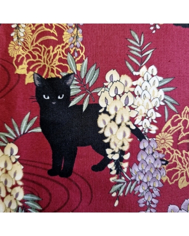 Tela japonesa. Gato negro con glicinias MINI en Rojo.