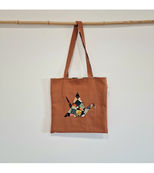 Reversible tote bag "Origami crane" in rust color