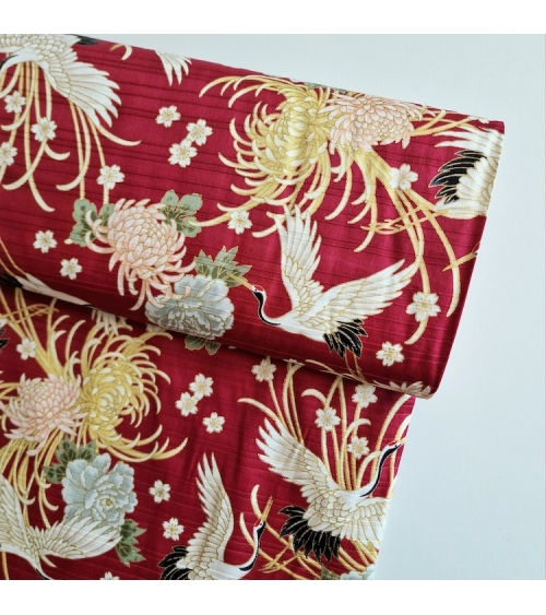 Japanese cotton satin slub fabric "Tsuru to kiku" in red