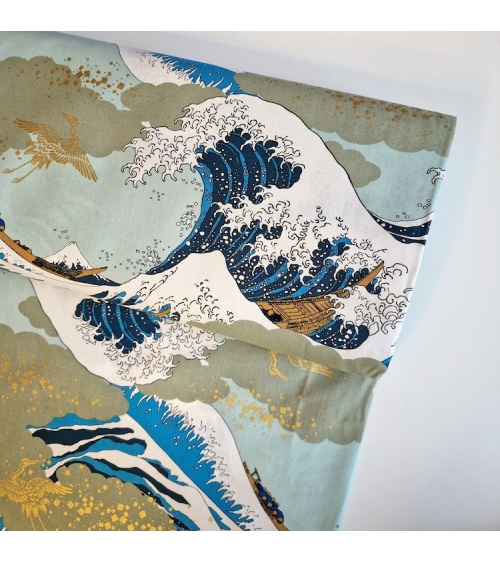 Japanese Ukiyoe fabric: Hokusai's Great Wave and golden cranes.