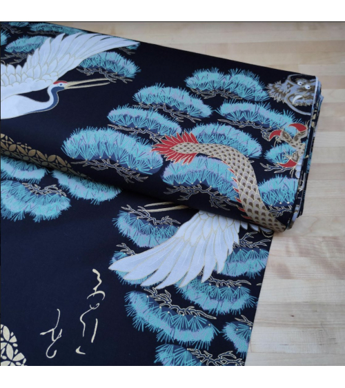 Japanese fabric "Dragon and crane" in black.