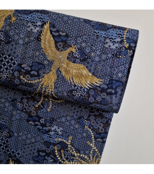 Tela japonesa Fénix dorado y motivos wagara en azul