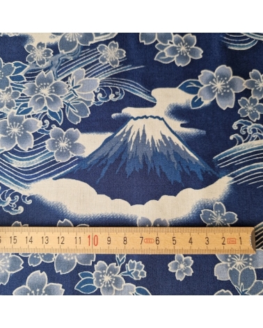 Tela japonesa "Tatoo: Fujisan to sakura" en azul.