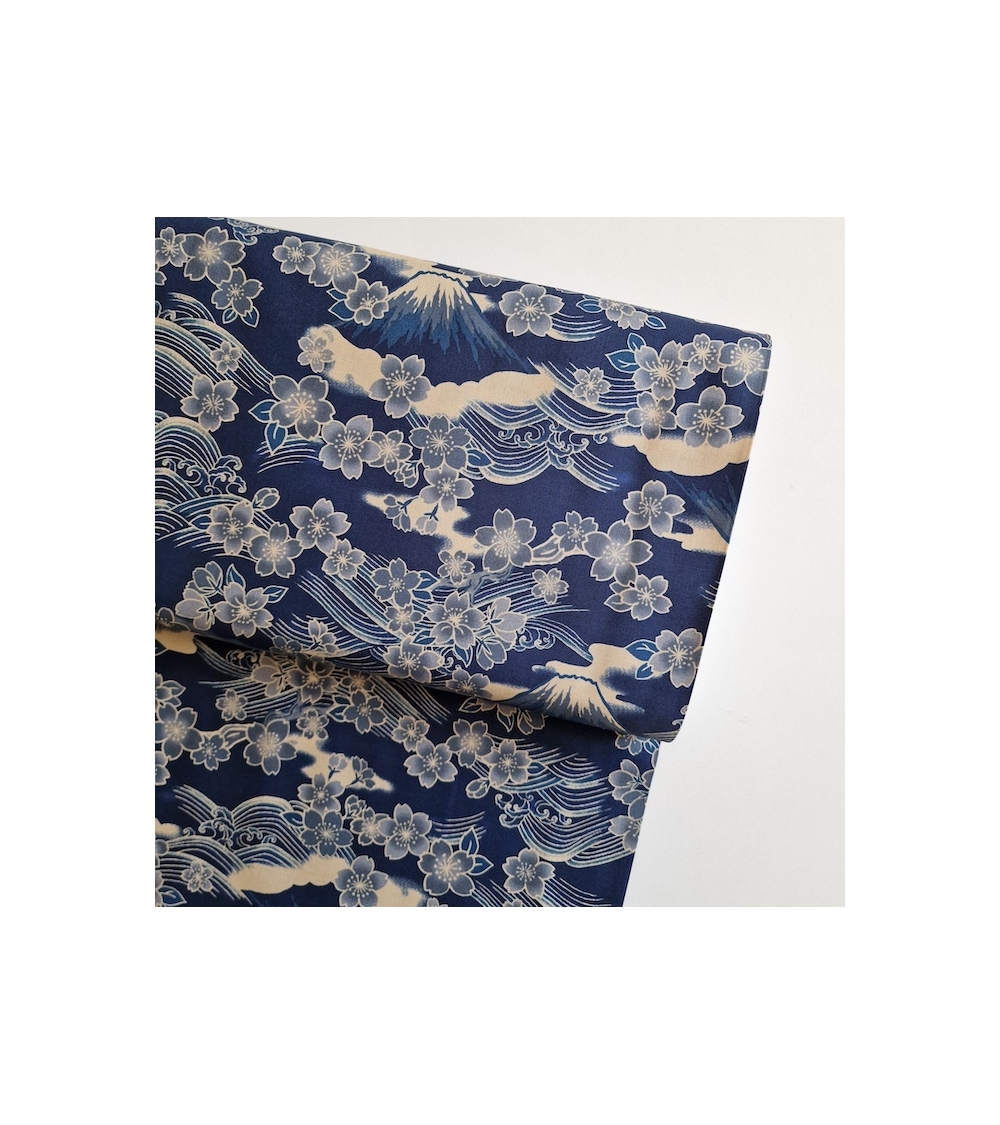 Tela japonesa "Tatoo: Fujisan to sakura" en azul.